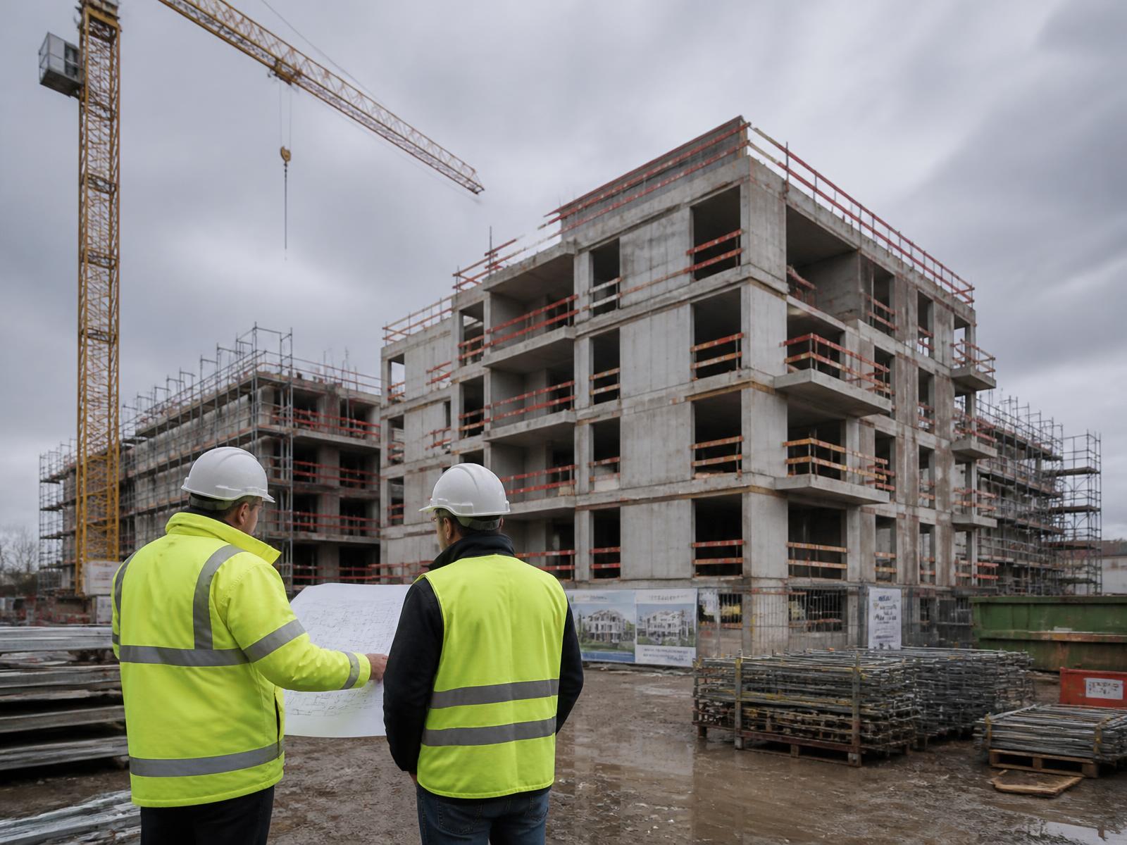 Bauleiter mit Plänen auf der Baustelle